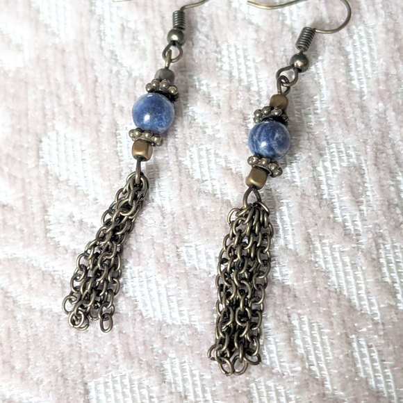 Hand Crafted Blue and Gold Chain Earrings - Picture 2 of 4
